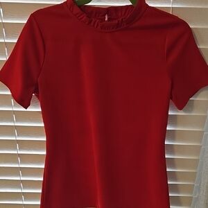 Ann Taylor Red Fitted Ruffled Short Sleeve T-Shirt